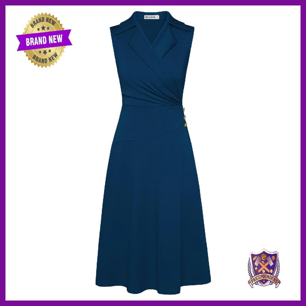 Sleeveless A-Line Midi Work Dress With Ruched Wrap V-Neck